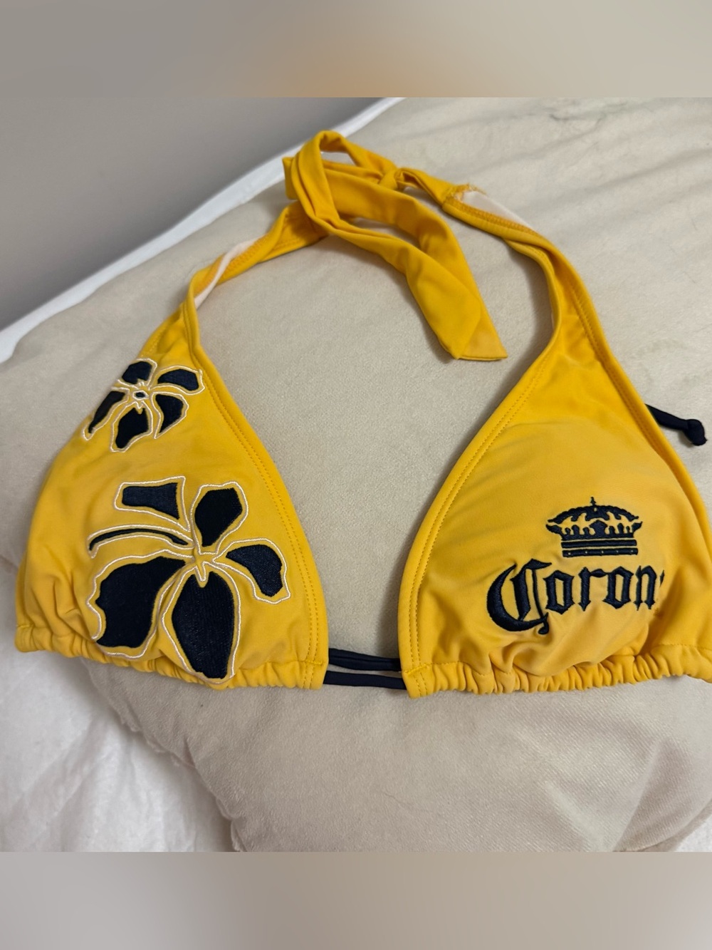 Corona Yellow Bikini Halter Top with Navy Floral Appliqué